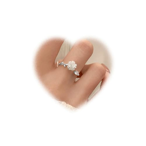 Crymystal Boho Ring Mit Weißen Blumen Weiße Rose Knuckle Ring Rosen Blüten Stapelring Gepunkteter Kristall Fingerring Offener Mit Strasssteinen Schmuck für Frauen Geschenke (Silber) von Crymystal