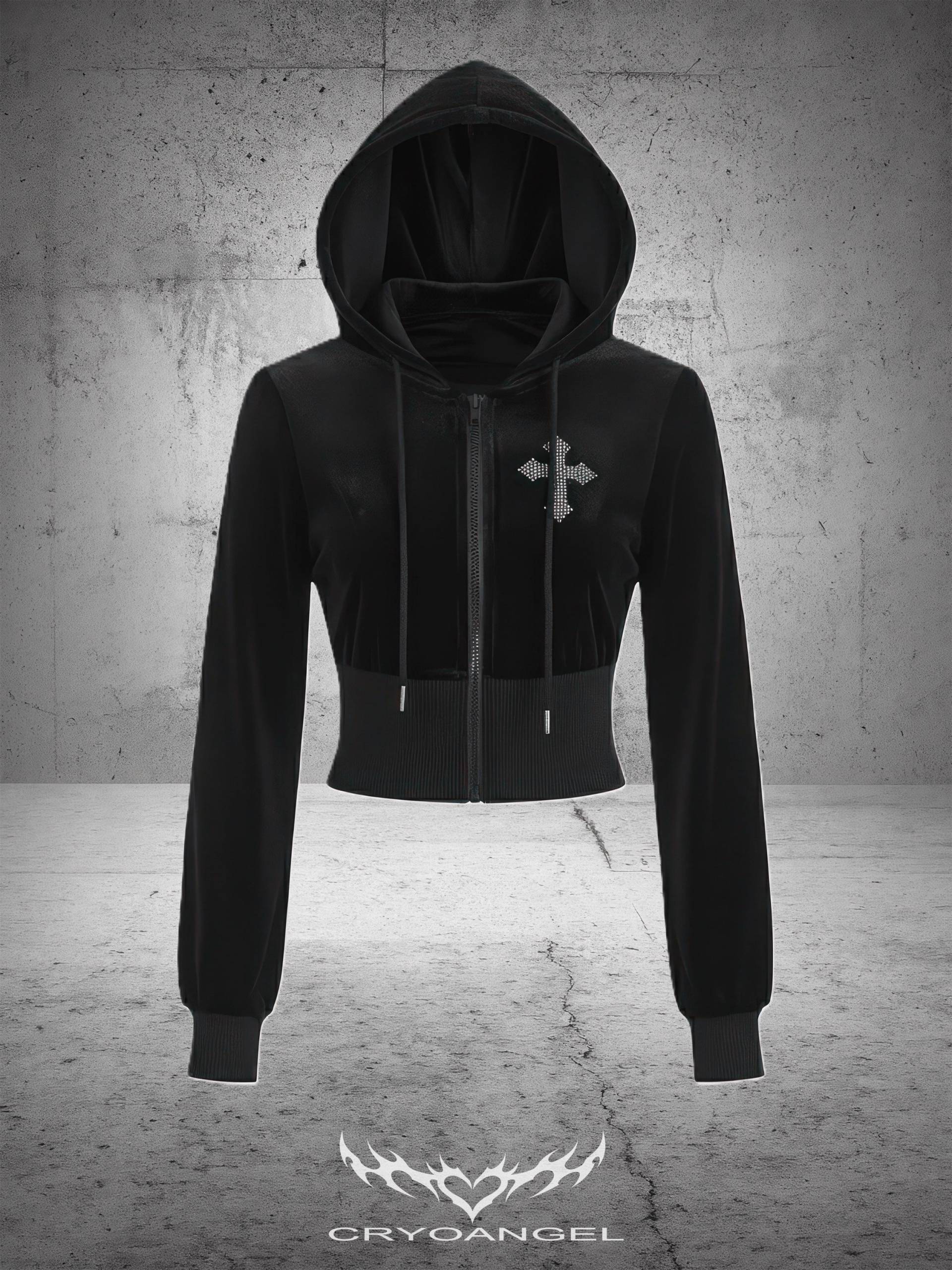Gothic Y2K Velours Hoodie Damen, Schwarzer Cropped Samt Zip-Hoodie Mit Strass-Kreuz, Cryoangel, Retro 2000Er Streetwear Alternative Fashion von Cryoangel