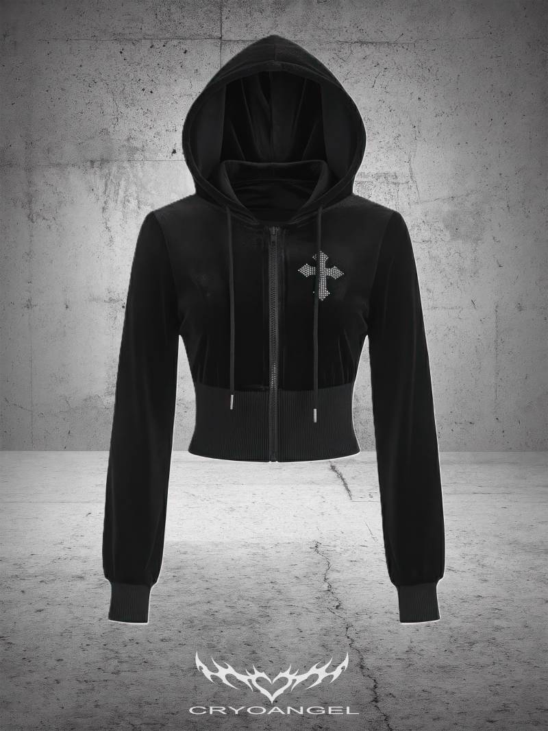 Gothic Y2K Velours Hoodie Damen, Schwarzer Cropped Samt Zip-Hoodie Mit Strass-Kreuz, Cryoangel, Retro 2000Er Streetwear Alternative Fashion von Cryoangel
