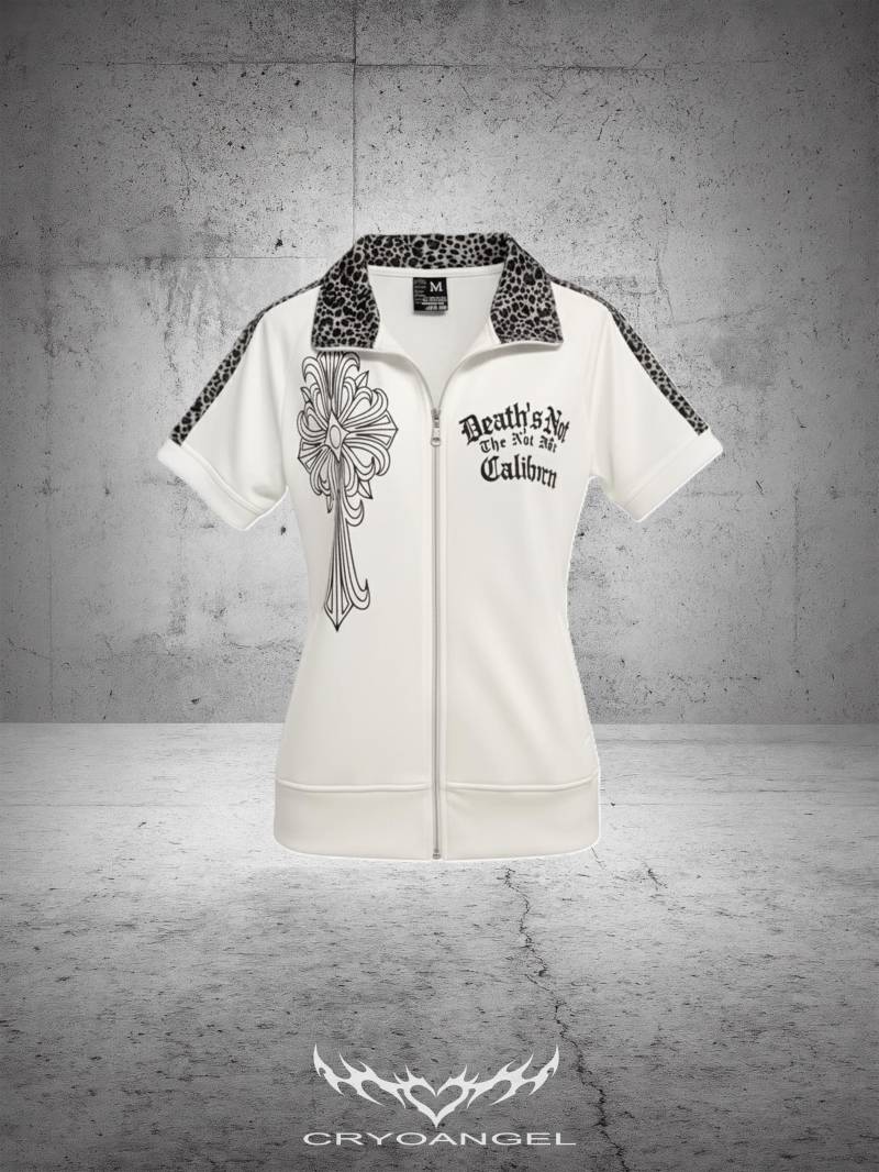 Kurzarm-Track-Jacket Im Y2K-Look, Weiß Mit Leoparden-Velour-Details, Gothic-Cross Print & Zipper Für Edgy Streetwear-Style, Cryoangel von Cryoangel