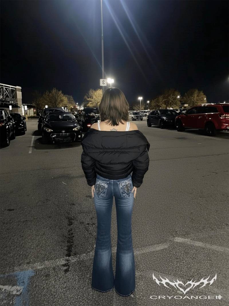 Y2K Flared Jeans Damen, Low Waist Schlaghose Mit Bestickten Gesäßtaschen, Gothic Denim Pants Im Cryoangel Style, 2000Er Streetwear von Cryoangel