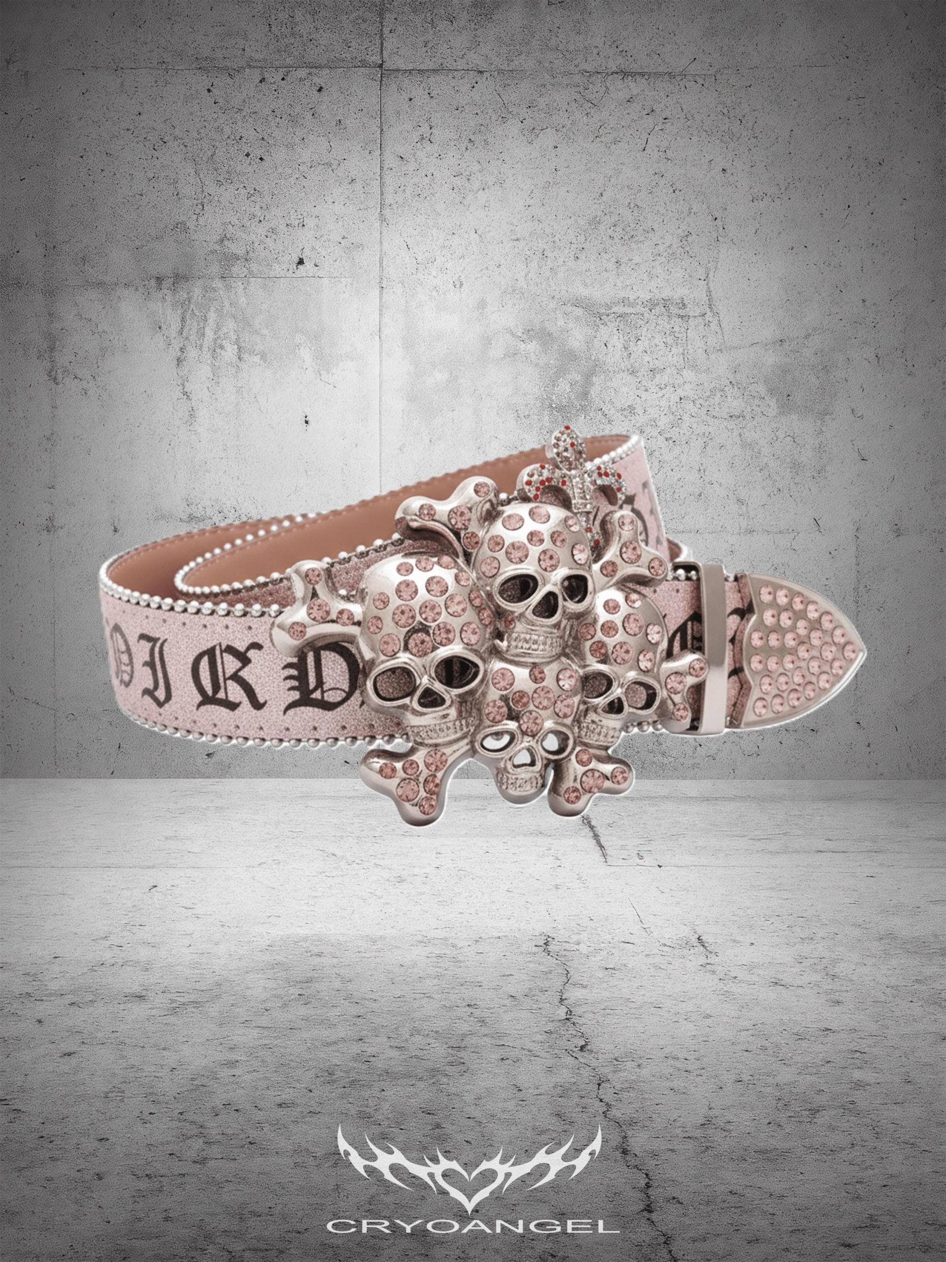 Y2K Gothic Skull Belt in Rosa, Pink Glitzer Gürtel Mit Totenkopf-Schnalle & Strasssteinen, Edgy Accessoire Für Street-/Clubwear, Cryoangel von Cryoangel