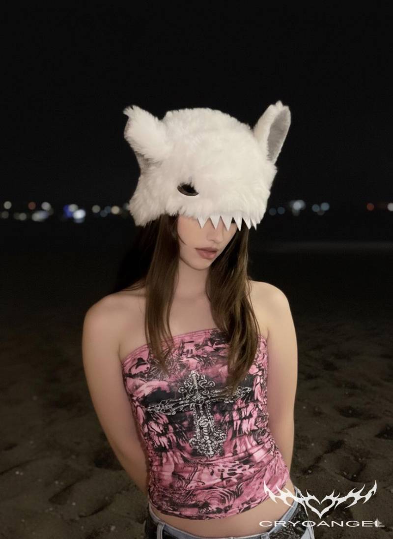 Y2K Tube Top in Pink Mit Barock-Print & Kreuzdruck, Damen Bauchfrei, Cryoangel Style, Inspiriert Von 2000Er Clubwear, Gothic Aesthetic von Cryoangel