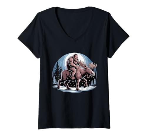 Damen Bigfoot Riding a Elch Funny Sasquatch Cryptozoology T-Shirt mit V-Ausschnitt Damen Bigfoot Riding a Elch Funny Sasquatch Cryptozoology T-Shirt mit V-Ausschnitt von Cryptid Co