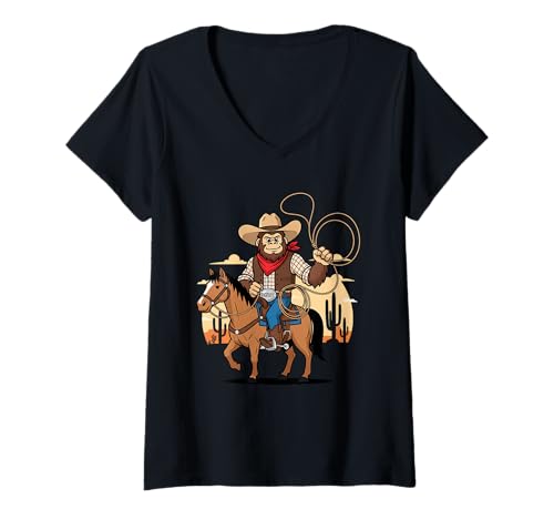Damen Lustiges Bigfoot Cowboy Reitpferd Western Lasso Art T-Shirt mit V-Ausschnitt Damen Lustiges Bigfoot Cowboy Reitpferd Western Lasso Art T-Shirt mit V-Ausschnitt von Cryptid Cowboy Desert Horseback Rodeo Humor Tees