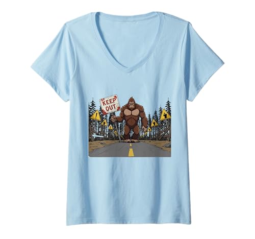Damen Bigfoot Keep Out Lustiges Kryptidenwarnwaldmonster T-Shirt mit V-Ausschnitt Damen Bigfoot Keep Out Lustiges Kryptidenwarnwaldmonster T-Shirt mit V-Ausschnitt von Cryptid Forest Monster Funny Outdoor Warning Gear