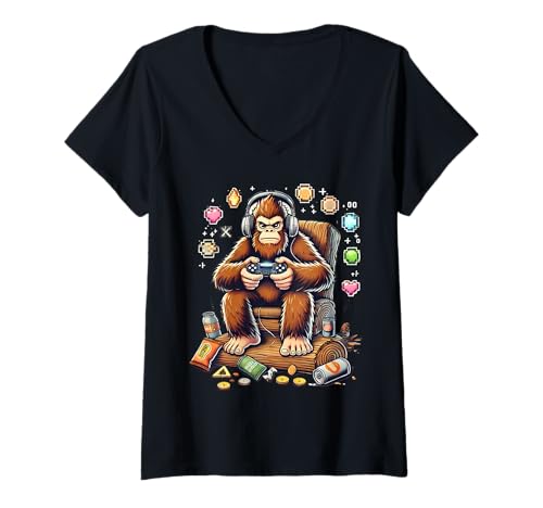 Damen Lustiger Bigfoot Gamer Snack Gamecontroller-Liebhaber T-Shirt mit V-Ausschnitt Damen Lustiger Bigfoot Gamer Snack Gamecontroller-Liebhaber T-Shirt mit V-Ausschnitt von Cryptid Gamer Snacks Gaming Bigfoot Tees