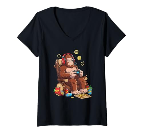 Damen Lustiger Bigfoot Gamer Snack Pizza Controller Liebhaber T-Shirt mit V-Ausschnitt Damen Lustiger Bigfoot Gamer Snack Pizza Controller Liebhaber T-Shirt mit V-Ausschnitt von Cryptid Gamer Snacks Pizza Gaming Bigfoot Tees