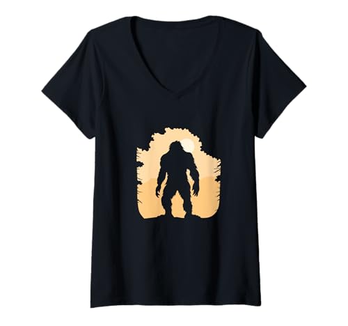 Damen Bigfoot Sasquatch Sonnenuntergang Silhouette Camping Geschenk T-Shirt mit V-Ausschnitt von Cryptid Gifts by TC