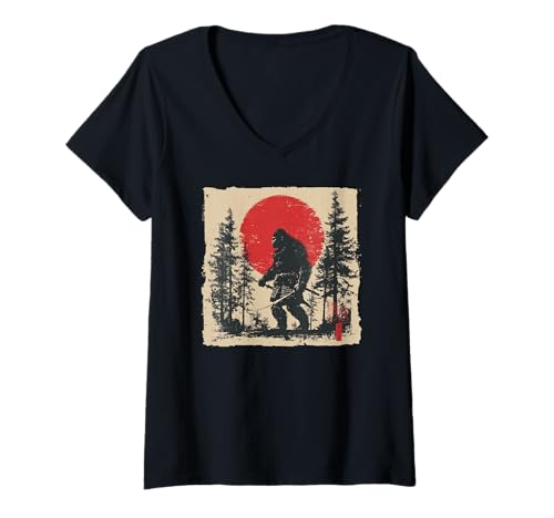 Damen Bigfoot Samurai Sasquatch Ronin Japanische Ukiyo-e Kunst T-Shirt mit V-Ausschnitt von Cryptid Ronin Outfitters