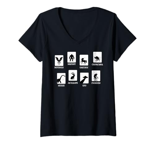 Damen Mothman Bigfoot Einhorn Frogmen Liste der kryptiden Monster T-Shirt mit V-Ausschnitt Damen Mothman Bigfoot Einhorn Frogmen Liste der kryptiden Monster T-Shirt mit V-Ausschnitt von Cryptid Society Local Monsters Cryptozoology Scary