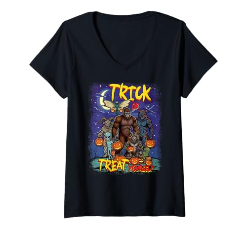 Damen Trick Or Treat Yourself Lustiger Trick Or Treating Cryptid T-Shirt mit V-Ausschnitt Damen Trick Or Treat Yourself Lustiger Trick Or Treating Cryptid T-Shirt mit V-Ausschnitt von Cryptid Society Local Monsters Cryptozoology Scary