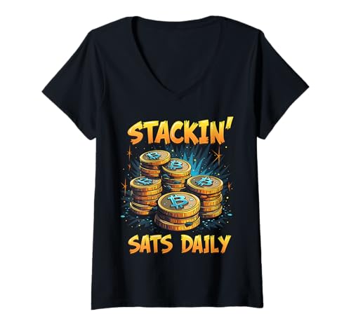 Damen Statistiken zum Stacken von Bitcoin-Kryptos T-Shirt mit V-Ausschnitt von Crypto Bitcoin Stackin Sats Gifts