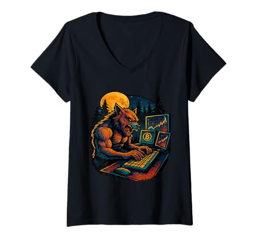 Damen Werwolf Crypto Trader Vollmond Bitcoin Bildschirme T-Shirt mit V-Ausschnitt Damen Werwolf Crypto Trader Vollmond Bitcoin Bildschirme T-Shirt mit V-Ausschnitt von Crypto Moon Howlers