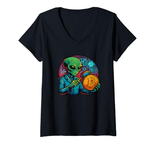 Damen Alien analysiert Bitcoin mit Charts Daten Hintergrund Krypto T-Shirt mit V-Ausschnitt Damen Alien analysiert Bitcoin mit Charts Daten Hintergrund Krypto T-Shirt mit V-Ausschnitt von Crypto Observers