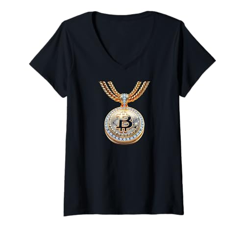Damen Bitcoin Anhänger Halskette mit gelbem Kettendruck auf T-Shirt mit V-Ausschnitt Damen Bitcoin Anhänger Halskette mit gelbem Kettendruck auf T-Shirt mit V-Ausschnitt von Cryptocurrency Movement Bitcoin Fashion
