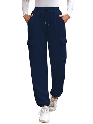 CrystErzoix Thermo Jogginghose Damen Gefütterte Warme Hose Winter Fleecehose Kuschelig Sporthose Lang Freizeithose Flauschig Sweathose mit Cargo Taschen, Marineblau XL von CrystErzoix