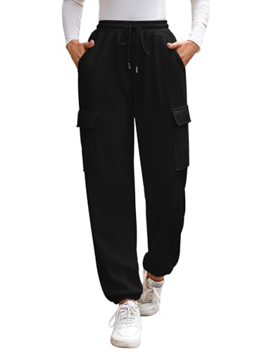 CrystErzoix Thermo Jogginghose Damen Gefütterte Warme Hose Winter Fleecehose Kuschelig Sporthose Lang Freizeithose Flauschig Sweathose mit Cargo Taschen, Schwarz S von CrystErzoix