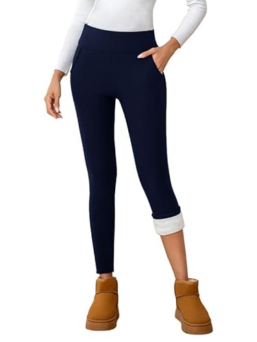 CrystErzoix Thermo Leggings Damen Gefüttert Thermoleggings Winter Warme Leggings High Waist Fleece Thermohose Sportleggins Yogahose Lang mit Taschen, Marineblau S von CrystErzoix