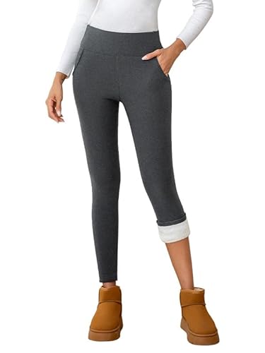 CrystErzoix Thermo Leggings Damen Gefüttert Thermoleggings Winter Warme Leggings High Waist Fleece Thermohose Sportleggins Yogahose Lang mit Taschen, Meliertes Grau XL von CrystErzoix