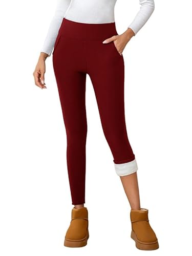 CrystErzoix Thermo Leggings Damen Gefüttert Thermoleggings Winter Warme Leggings High Waist Fleece Thermohose Sportleggins Yogahose Lang mit Taschen, Weinrot M von CrystErzoix