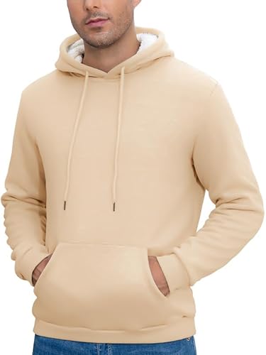 Winter Hoodie Herren Fleece Sweatshirt mit Kapuze Warme Kapuzenpullover Solid Pullover Hoody Sherpa Kapuzenpulli mit Kängurutasche, Beige XL von CrystErzoix