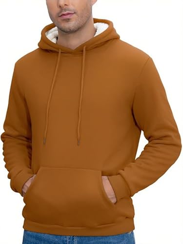 Winter Hoodie Herren Fleece Sweatshirt mit Kapuze Warme Kapuzenpullover Solid Pullover Hoody Sherpa Kapuzenpulli mit Kängurutasche, Karamell M von CrystErzoix