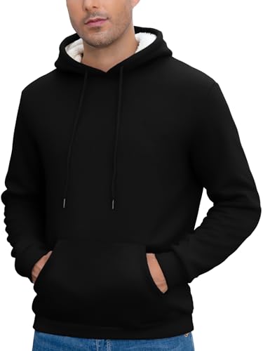 Winter Hoodie Herren Fleece Sweatshirt mit Kapuze Warme Kapuzenpullover Solid Pullover Hoody Sherpa Kapuzenpulli mit Kängurutasche, Schwarz S von CrystErzoix