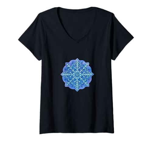 Damen Geometrische Schneeflocke Mandala Winter Zen Muster Minimalistisch T-Shirt mit V-Ausschnitt Damen Geometrische Schneeflocke Mandala Winter Zen Muster Minimalistisch T-Shirt mit V-Ausschnitt von Crystal Calm Nordic Pattern Emporium