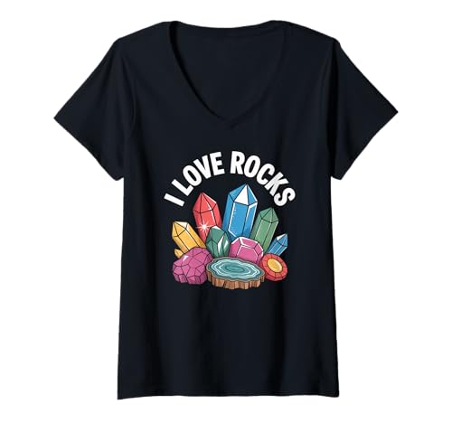 Damen I Love Rocks Leuchtende bunte Edelsteine T-Shirt mit V-Ausschnitt Damen I Love Rocks Leuchtende bunte Edelsteine T-Shirt mit V-Ausschnitt von Crystal Enthusiast Rock Collector Gemstone Fan