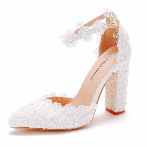 Crystal Queen 10,5 cm Blockabsatz-Sandalen weiße Spitze Hochzeit Pumps Schuhe dicker klobiger Absatz spitz Zehen Knöchel Brautsandalen Damen, Weiß, 10,5 cm, 39.5 EU von Crystal Queen