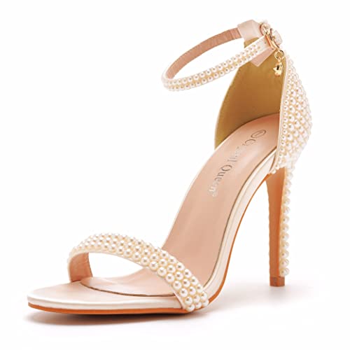 Crystal Queen 10,7 cm weiße Perlen Braut Stiletto Heels Sandalen Peep Toe Damen Elfenbein Perlen High Heel Sandalen für Hochzeit Party Abend, Champagner, 10,7 cm, 37 EU von Crystal Queen
