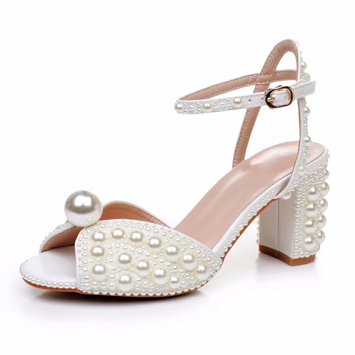 Crystal Queen Elfenbeinfarbene Perlen Blockabsatz Sandalen Chunky High Heels Peep Toe Sandalen Weiße Perlen Braut Hochzeit Schuhe Abend Hochzeit Sandalen Pumps Heels für Braut, Cremefarben, 7,6 cm, 40 von Crystal Queen