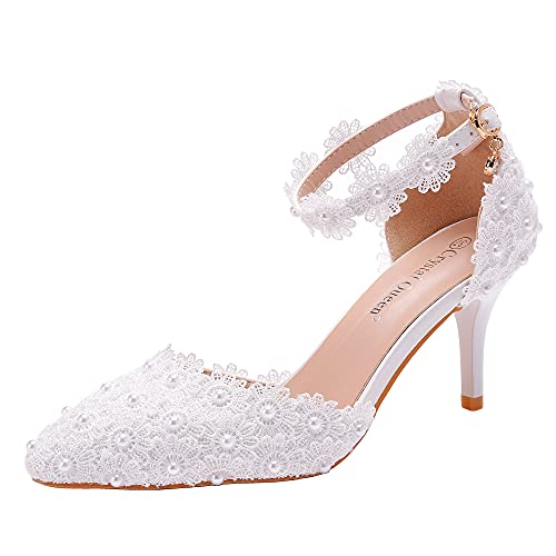 Damen High Heels Sandalen Weiß Spitze Perlen Hochzeit Schuhe Spitze Spitze Zehen Brautschuhe, Weiß (7,5 cm, weiß), 38 EU von Crystal Queen