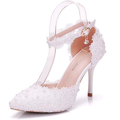 Damen High Heels Sandalen Weiß Spitze Perlen Hochzeit Schuhe Spitze Spitze Zehen Brautschuhe, Weiß (9,5 cm, weiß), 37 EU von Crystal Queen