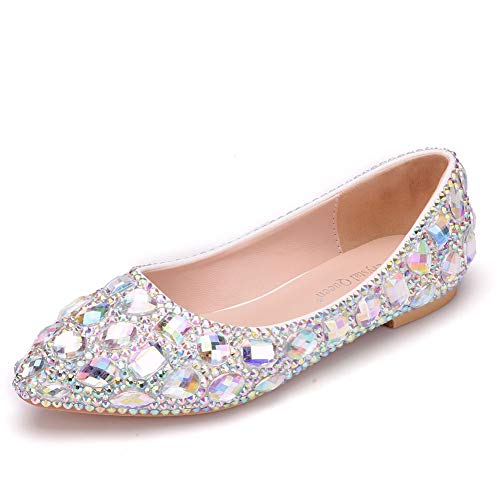 Handgefertigte flache Damenschuhe mit Strasssteinen, spitzer Zehenbereich, Übergröße, für Hochzeit, Party, Ballerinas, (AB-Farbe), 38 EU von Crystal Queen