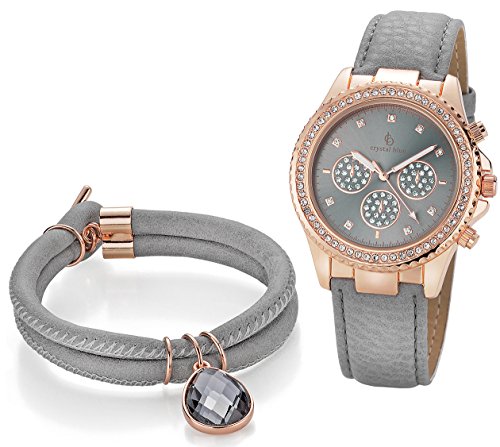 Crystal Blue Damen Armbanduhr Set Damenuhr Rose Chrono-Style Leuchtzeiger Plus Knebelarmband grau 86305 von Crystal Blue