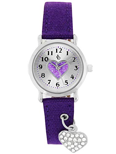 Crystal Blue Mädchen Armbanduhr Prinzessin analog Quarz Textilarmband Herz Anhänger funkelt (violett) 21934 von Crystal Blue