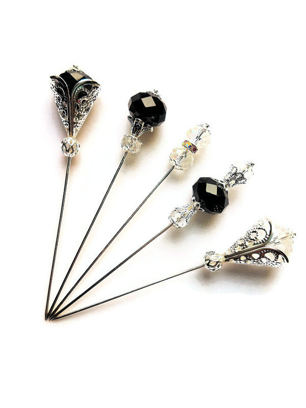 Schwarz Und Weiß Glas Perlen Versilbert Oder Gold Fertig 3-Zoll-stick Pins Schwarz Und Weiß Glas Perlen Versilbert Oder Gold Fertig 3-Zoll-stick Pins von CrystalArtPins