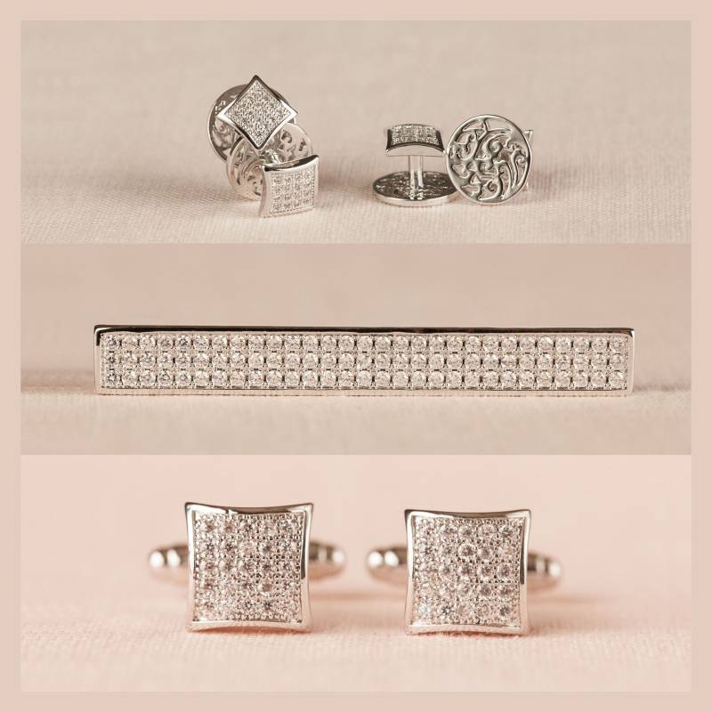 Tuxedo Studs, Bräutigam Pave Kristall Krawattenklammer, Manschettenknöpfe Silber, Crystal Herrenschmuck Tuxedo Studs, Bräutigam Pave Kristall Krawattenklammer, Manschettenknöpfe Silber, Crystal Herrenschmuck von CrystalCorridor