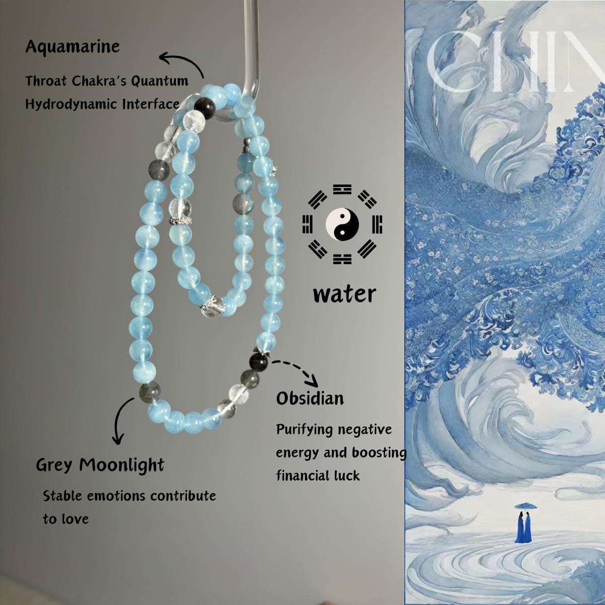 Armband Aus Aquamarin, Mondstein & Obsidian Östliche Energie Wasserelement von CrystalDesignLab