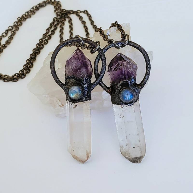 Roher Kristall Und Amethyst Punkt Mondstein Halskette, Kupfer Electrogeformte Rohstein Halskette Roher Kristall Und Amethyst Punkt Mondstein Halskette, Kupfer Electrogeformte Rohstein Halskette von CrystalDreamerCo