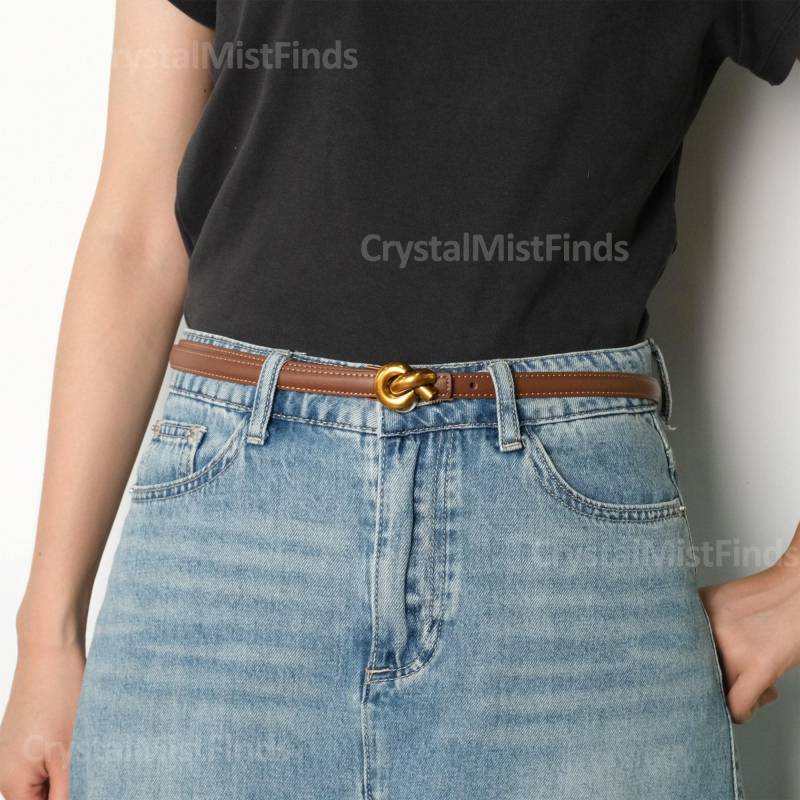 Dünner Echter Ledergürtel Für Damen Mit Metallschnalle Im Knotenstil, Verstellbarer Vintage-Schnallengürtel Aus Legierung von CrystalMistFinds