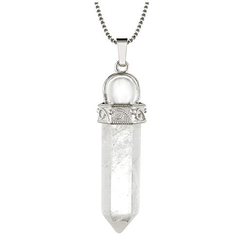 CrystalTears Halskette Damen Hexagon Säule Anhänger mit verstellbare Kette Bergkristall Halsschmuck Reiki Heilsteine Amulett von CrystalTears