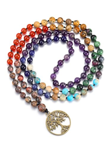 CrystalTears 7 Chakra Gebetskette 108 Perlen Mala Kette mit Lebensbaum Anhänger Buddhismus Yoga Meditation Halskette Damen von CrystalTears