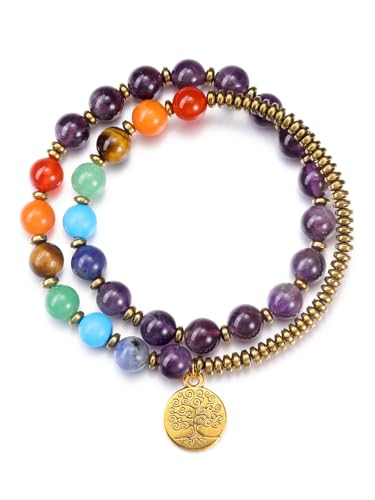 CrystalTears 7 Chakra Heilstein Armband Amethyst Wickelarmband mit Lebensbaum Anhänger Retro Edelstein Schmuck Damen von CrystalTears
