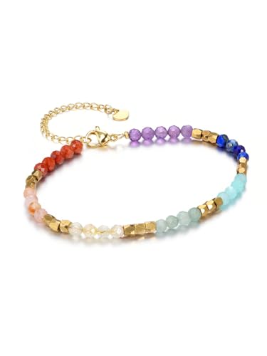 CrystalTears 7 Chakra Heilstein Armband Facettierte 4mm Perlenarmband mit Goldperlen Edelstein Schmuck Damen Spirituelle Geschenke von CrystalTears