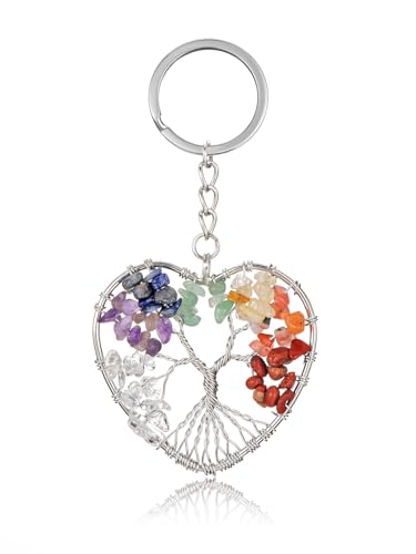 CrystalTears 7 Chakren Schlüsselanhänger Baum des Lebensbaum Herz Anhänger Keychain Reiki Talisman spirituelle Geschenke von CrystalTears