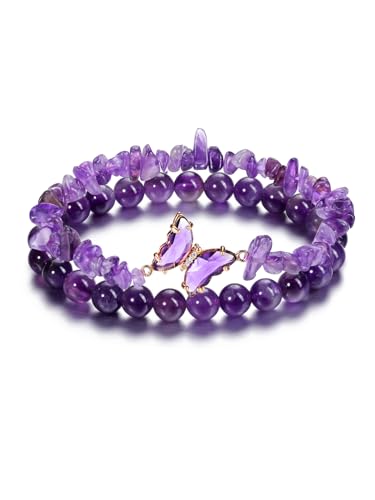 CrystalTears Amethyst Armband Set Damen Kristalle Schmetterling Anhänger Splitterarmband+ 8mm elastischer Perlenarmband Amulett Schmuck spirituelle Geschenk von CrystalTears