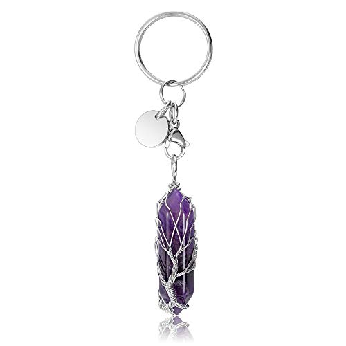 CrystalTears Amethyst Schlüsselanhänger Silber Baum des Lebens Draht umwickelt sechseckig Kristall Punkt Anhänger Auto Schlüsselanhänger für Frauen Mädchen von CrystalTears
